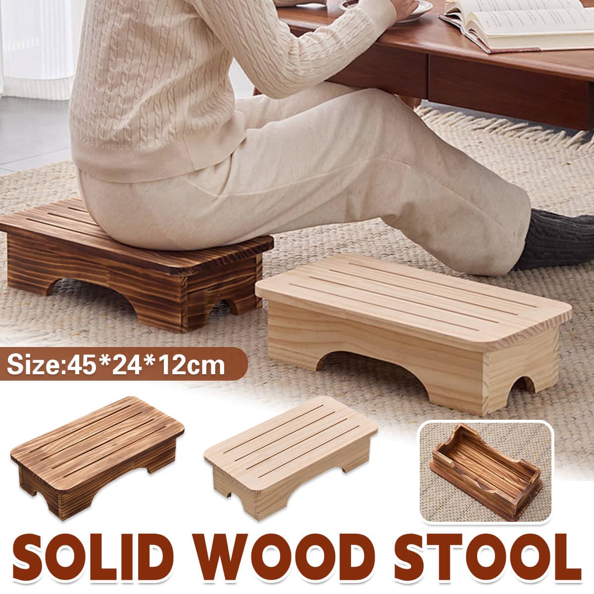 Solid Wood Footrest Stool with Slatted Top for Shoe Changing - Natural Wood - view 2