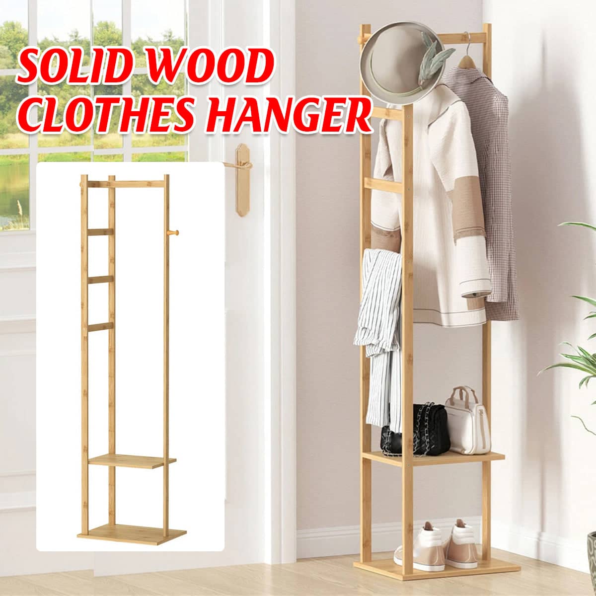 Solid Wood Freestanding Clothes Rack with Hooks and Shelves for Entryways