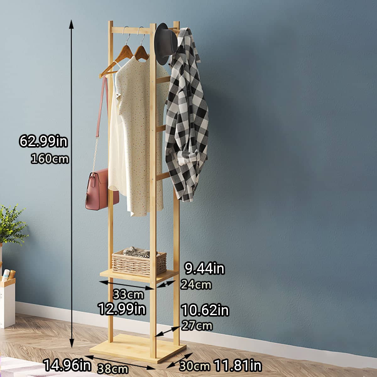 Solid Wood Freestanding Clothes Rack with Hooks and Shelves for Entryways - view 3
