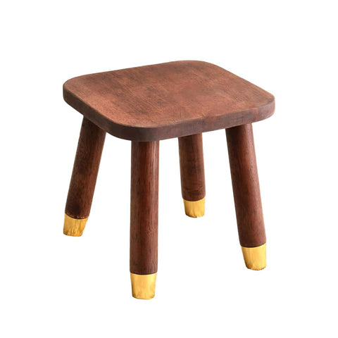 Solid Wood Low Stool with Rounded Corners - Dark Walnut, Gold-Tone Leg Caps