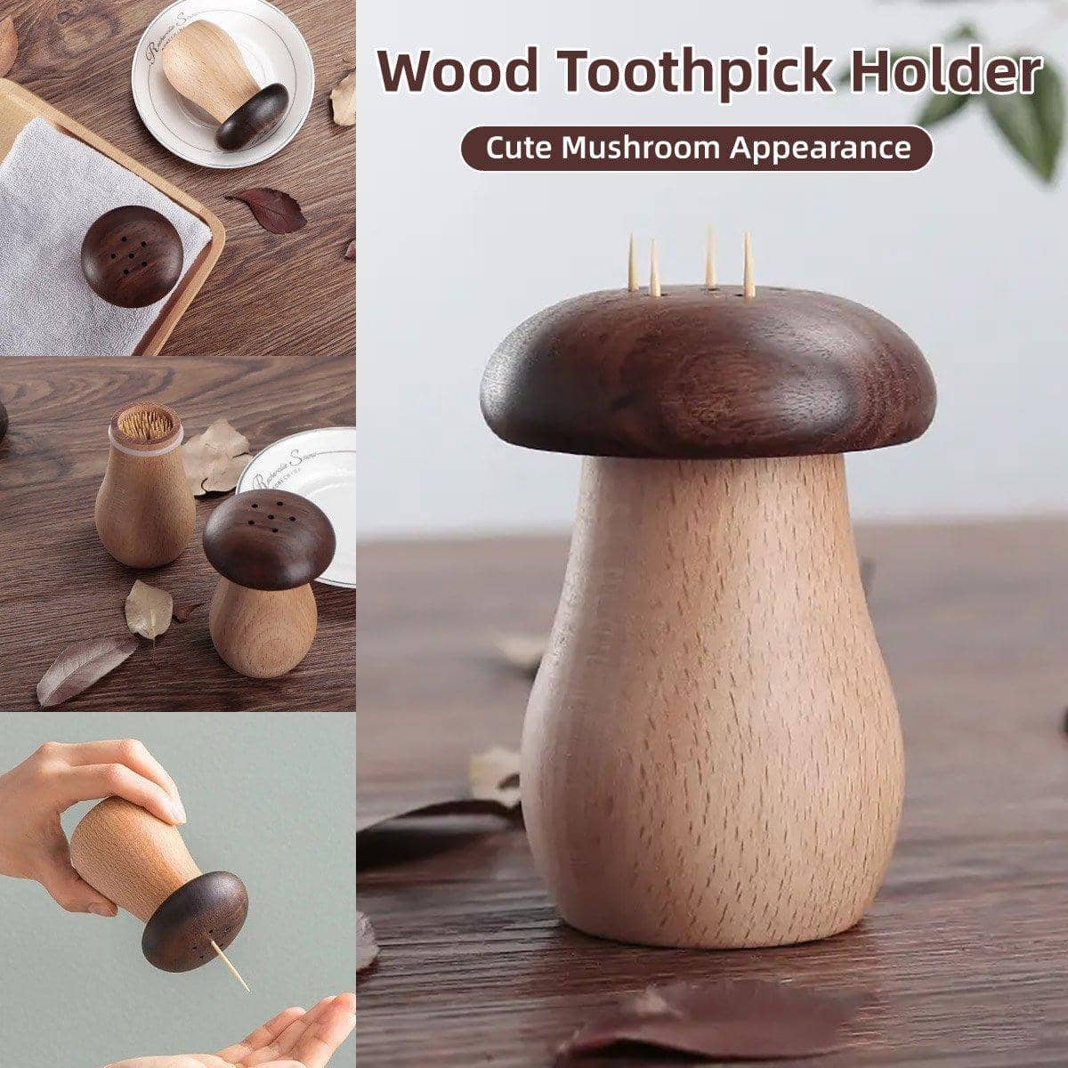 Solid Wood Mushroom Toothpick Holder - Beech and Black Walnut