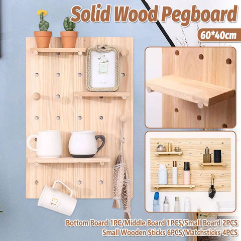 Solid Wood Pegboard Wall Shelf, 60 x 40 cm Hanging Storage for Home Office Display