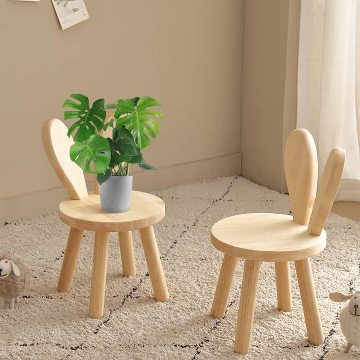 Solid Wood Rabbit Ear Stool with Backrest for Entryway and Living Room - view 4