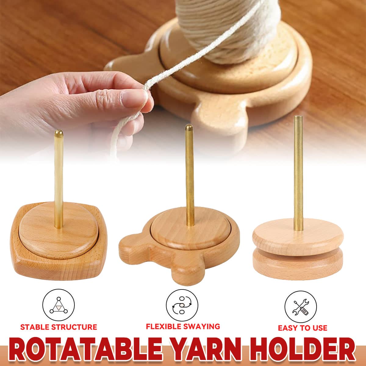 Solid Wood Rotatable Yarn Holder for Knitting Crocheting Weaving Craft - Bear Shape, 12 cm - view 2