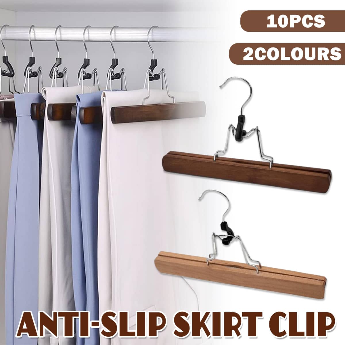 Solid Wood Skirt Clip Hangers with Flannel Lining Pack of 10 - Light Brown - view 2