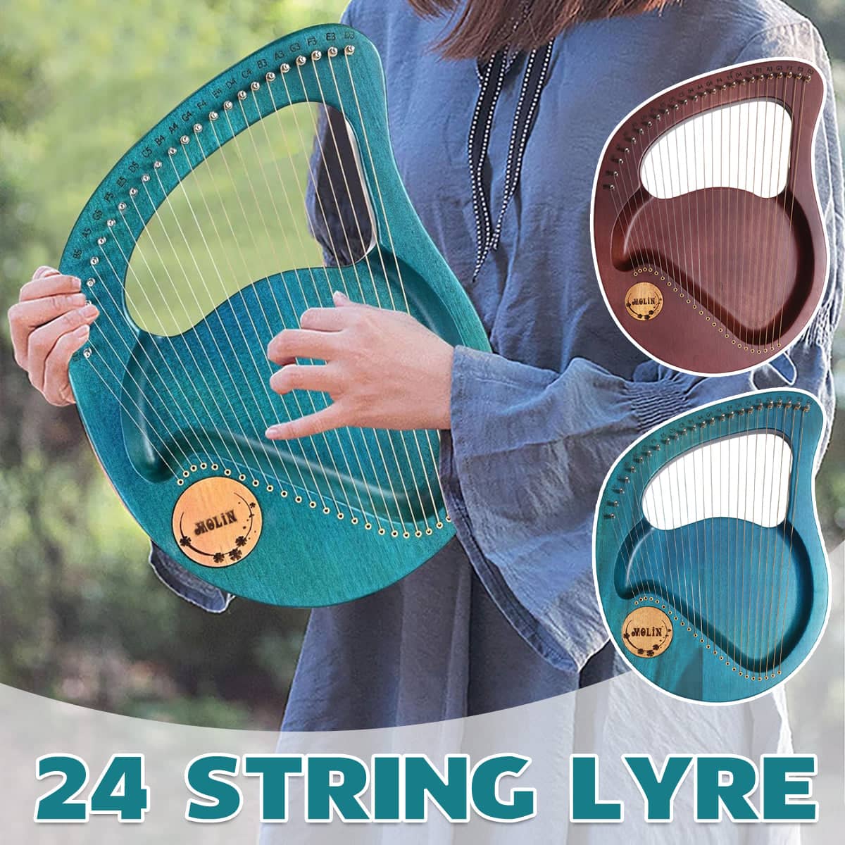 Solid Wood Veneer 24 String Harp Beginner Music Instrument - Teal - view 2