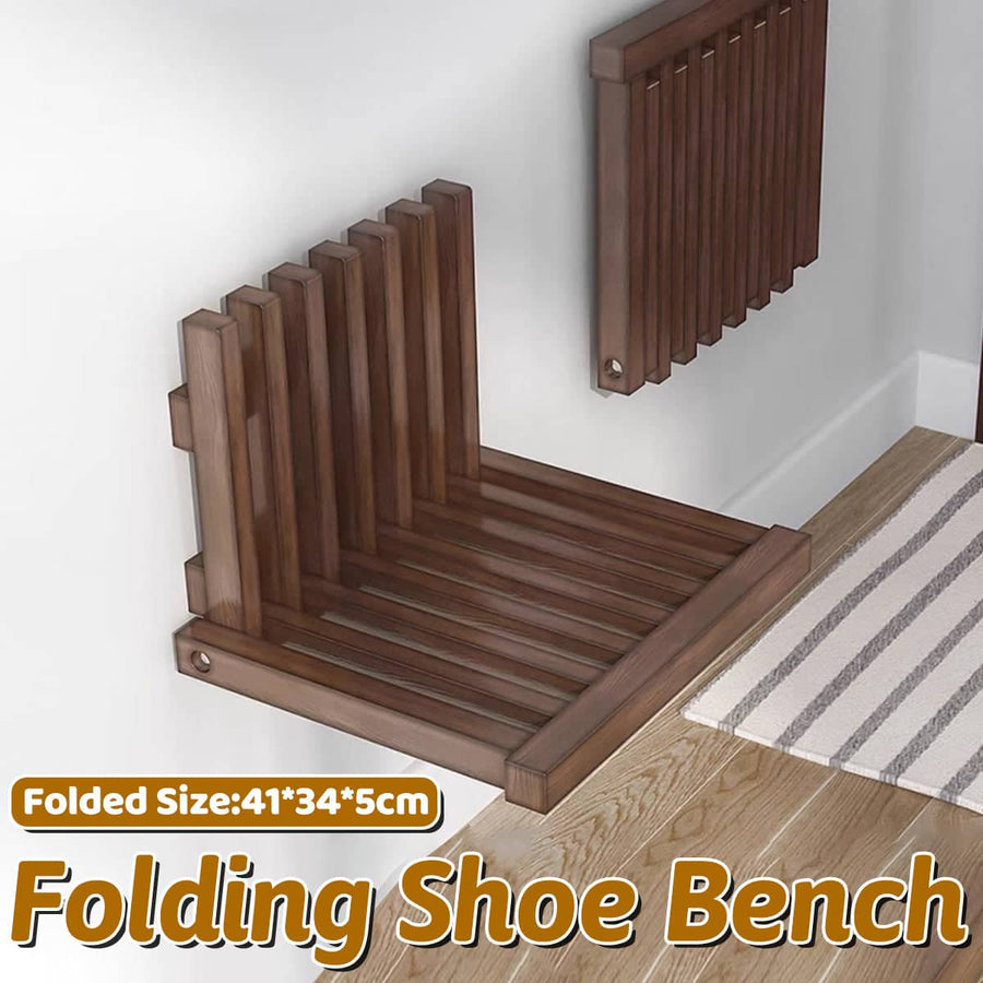 Solid Wood Wall Mounted Foldable Shoe Bench in Walnut for Entryway and Hallway