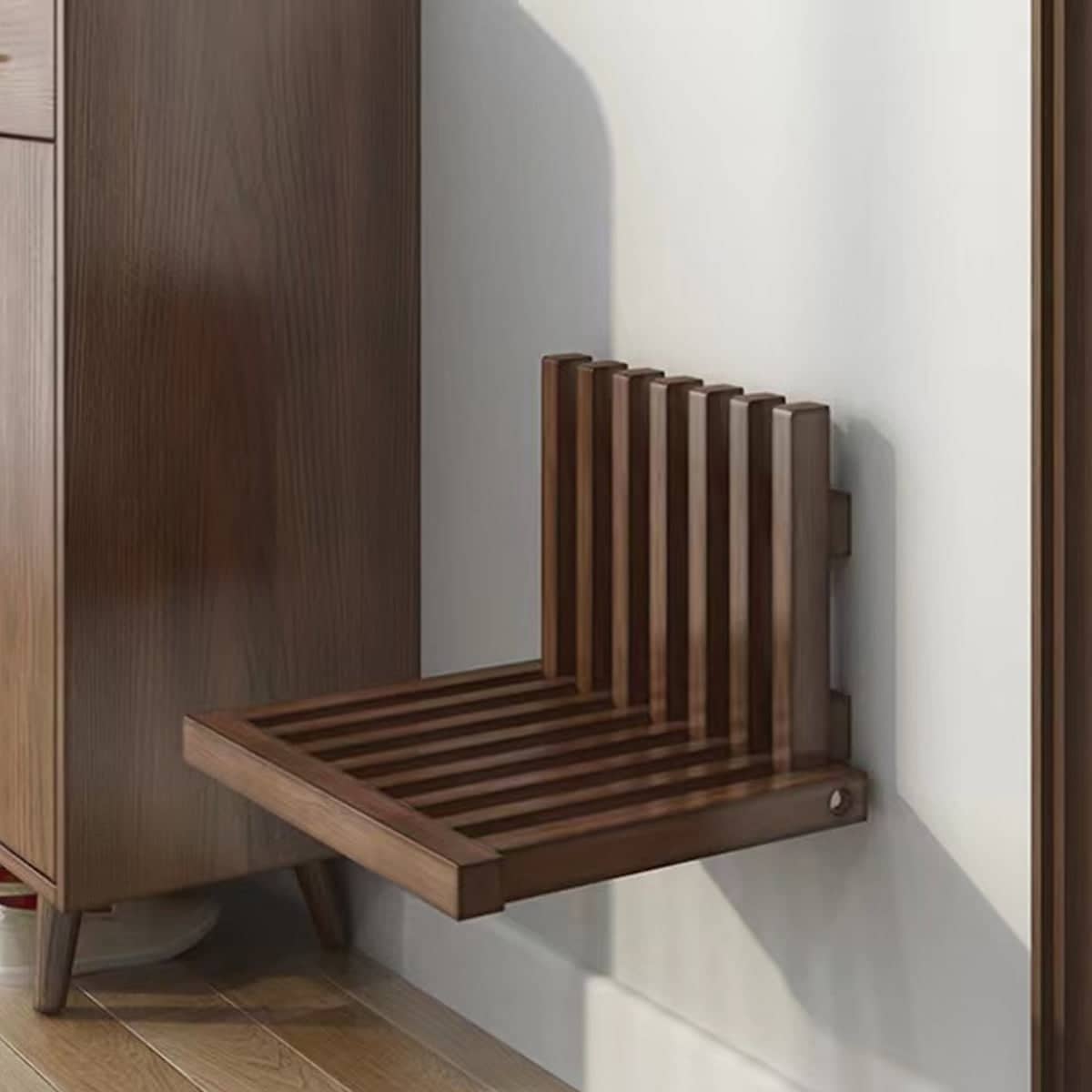 Solid Wood Wall Mounted Foldable Shoe Bench in Walnut for Entryway and Hallway - view 4