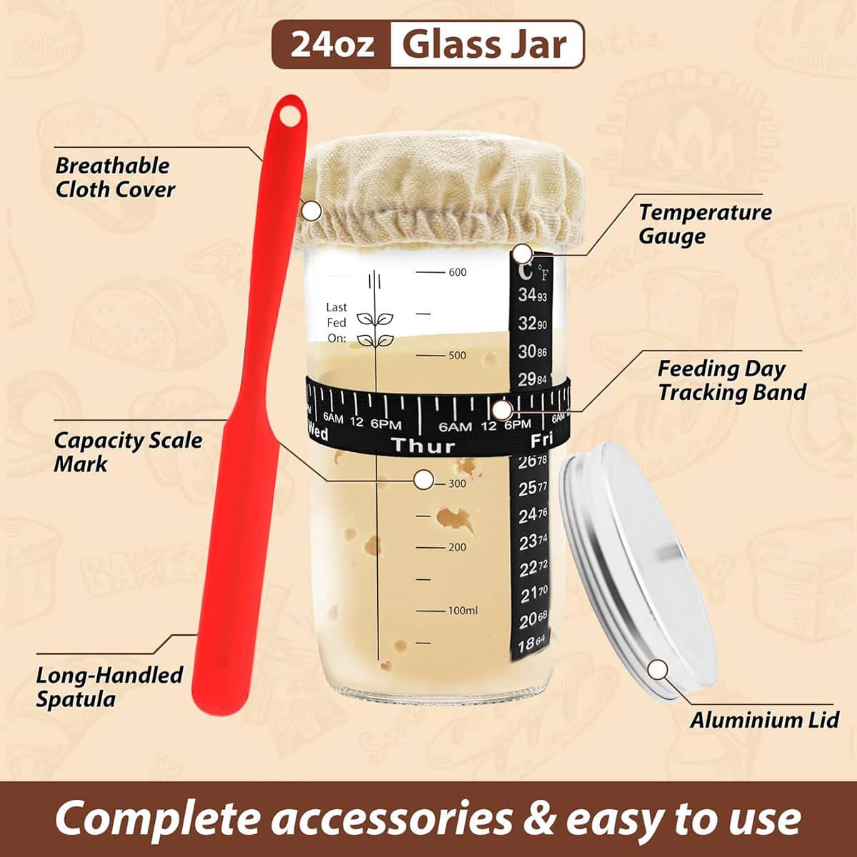 Sourdough Starter Glass Jar Kit with Spatula and Cloth Cover, 24 oz (710 ml) - view 4