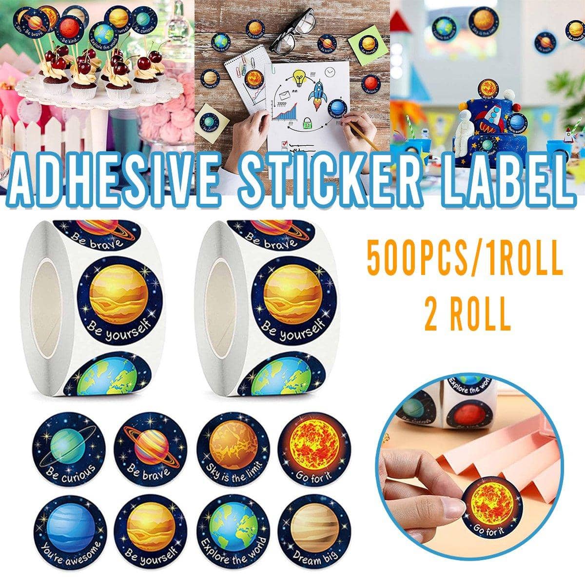 Space Planet Sticker Labels - 2 Rolls of 500 Stickers