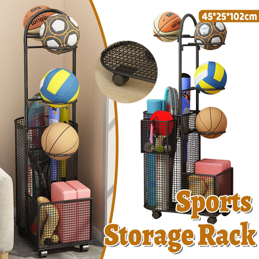 Sports Equipment Storage Rack with Mesh Baskets, Black, 45 x 25 x 102 cm