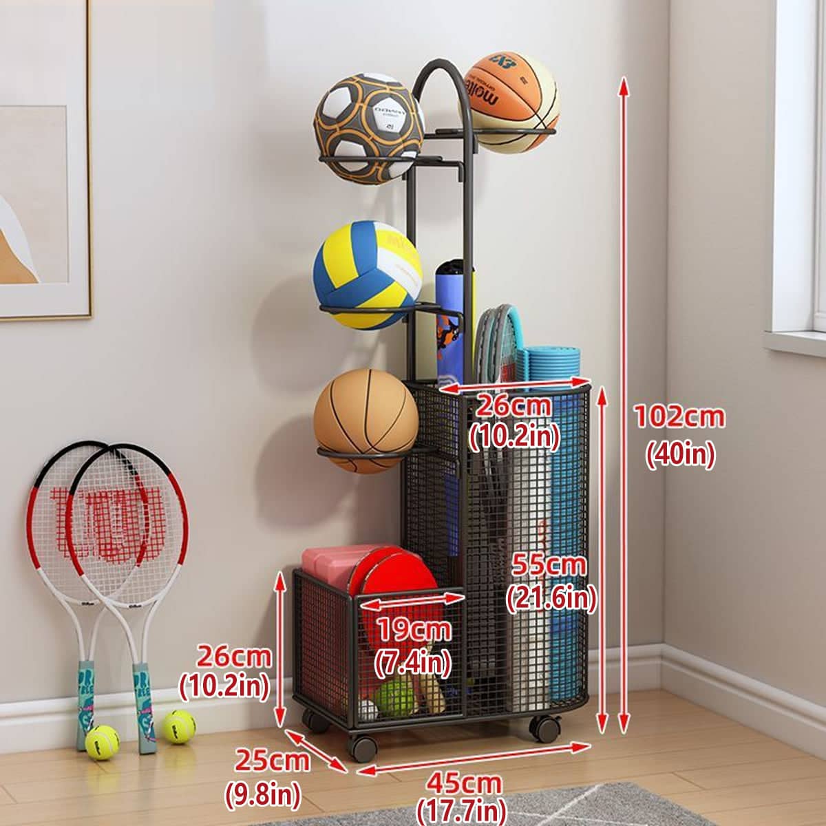 Sports Equipment Storage Rack with Mesh Baskets, Black, 45 x 25 x 102 cm - view 3