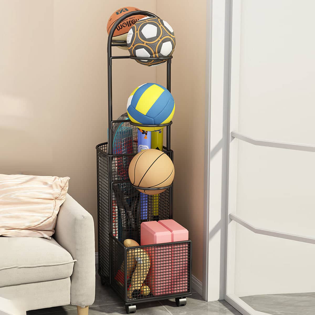 Sports Equipment Storage Rack with Mesh Baskets, Black, 45 x 25 x 102 cm - view 4
