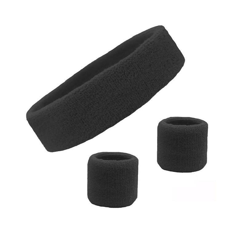 Sports Sweatband Set with Headband and Wristbands - Black