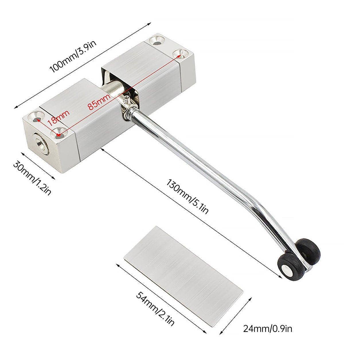 Spring Door Closer with Buffer, Aluminium Alloy - Silver - view 3