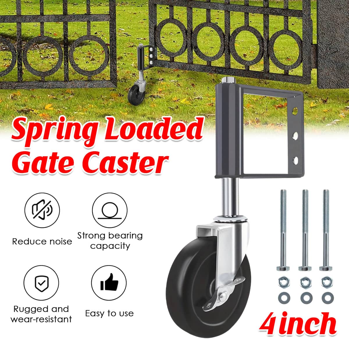 Spring Loaded Gate Caster Swivel Wheel with Brake, 4 Inch (10.2 cm) Black Metal