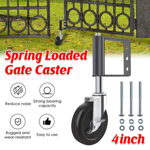 Spring Loaded Gate Caster Swivel Wheel with Brake, 4 Inch (10.2 cm) Black Metal