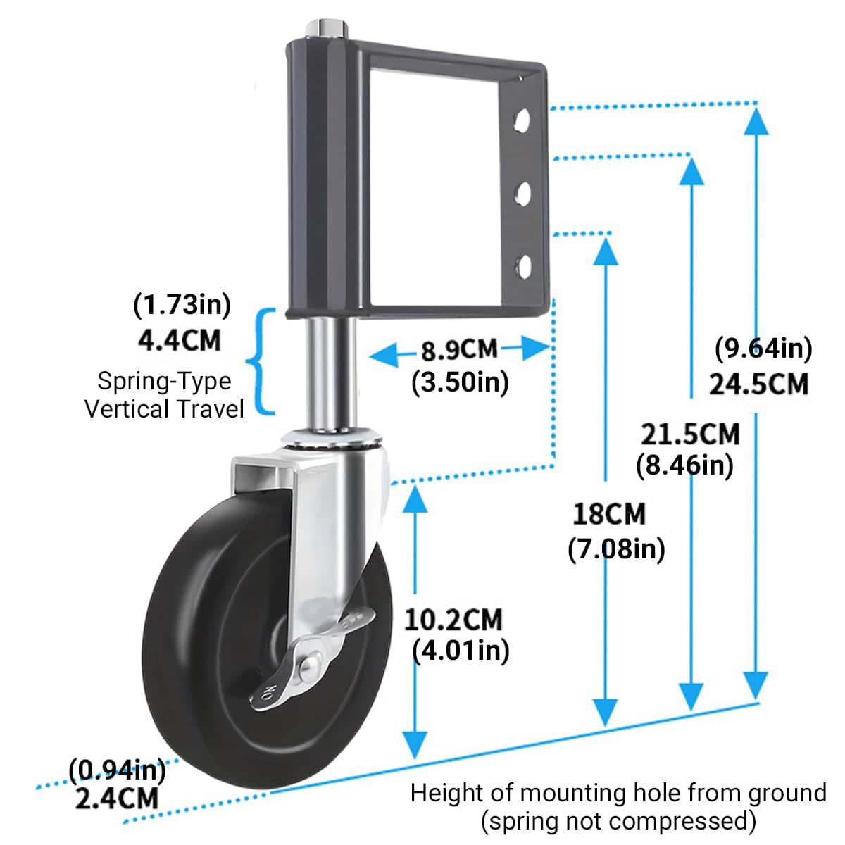 Spring Loaded Gate Caster Swivel Wheel with Brake, 4 Inch (10.2 cm) Black Metal - view 3