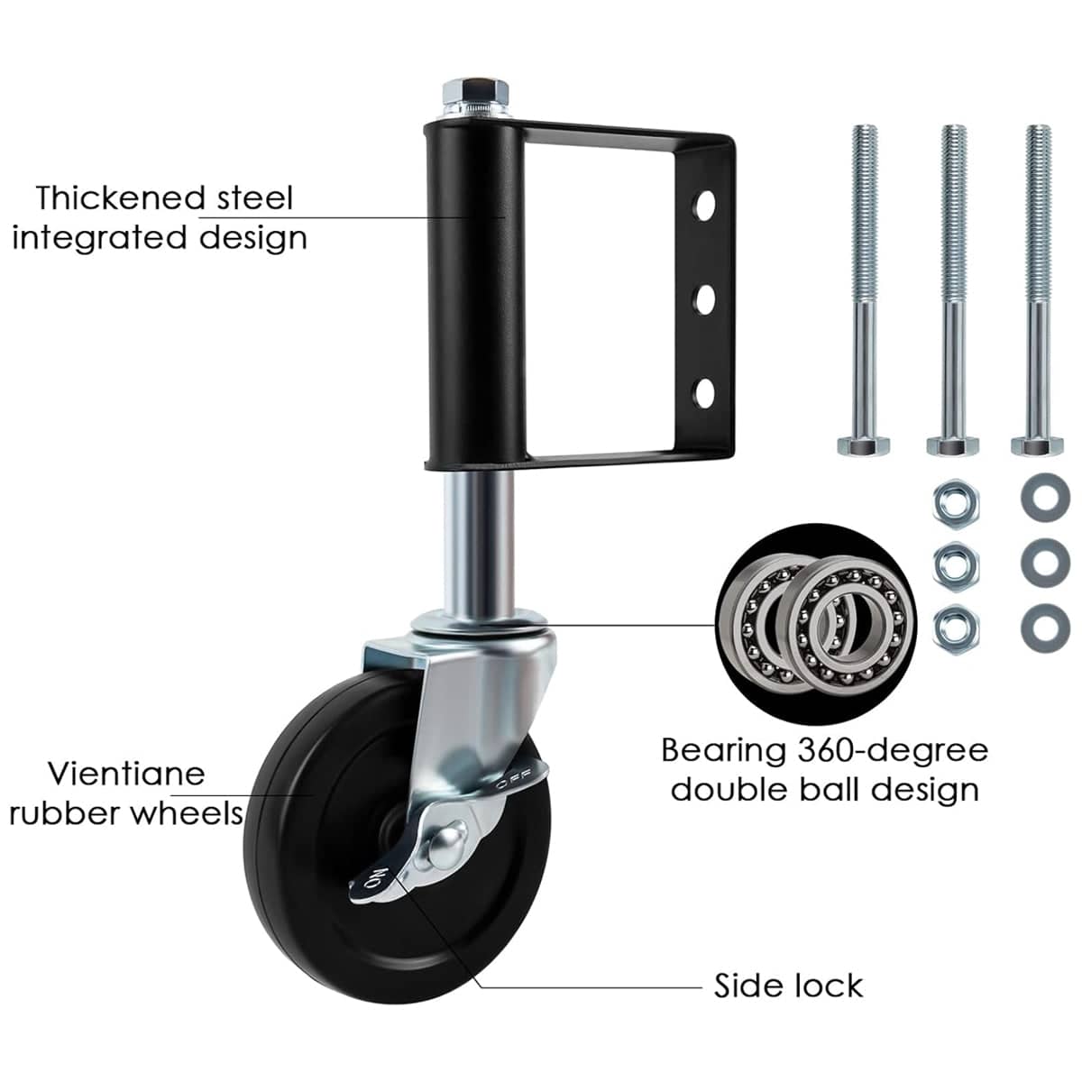 Spring Loaded Gate Caster Swivel Wheel with Brake, 4 Inch (10.2 cm) Black Metal - view 4
