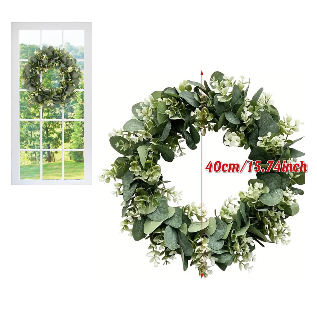 Spring Wreath Door Decoration Artificial Eucalyptus Hanging Ornament 40 cm, Green - view 3