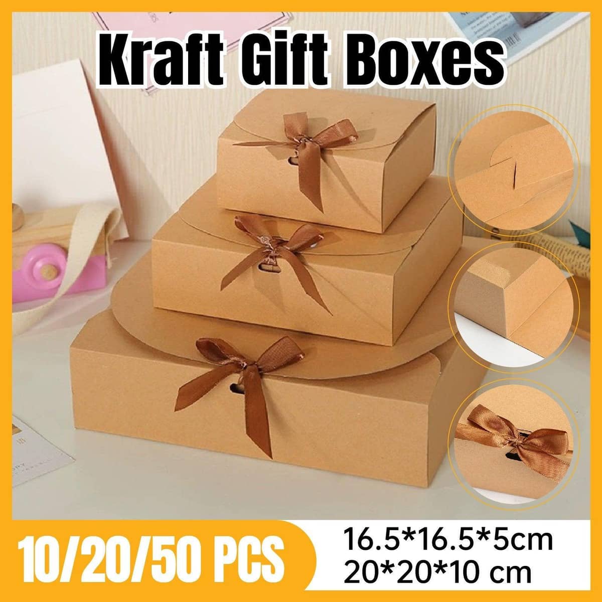 Square Brown Kraft Ribbon Gift Boxes for Chocolates and Candy - 16.5 x 16.5 x 5 cm, Pack of 10 - view 2