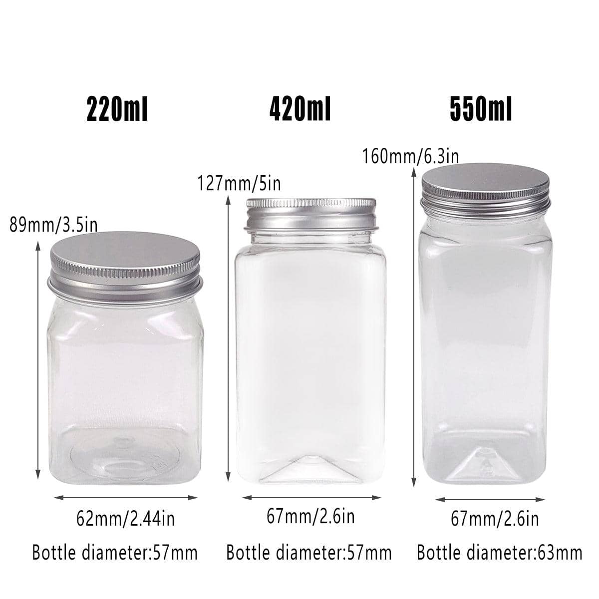Square Clear Plastic Storage Jars with Aluminium Lids, Pack of 20 - 420 ml - view 4