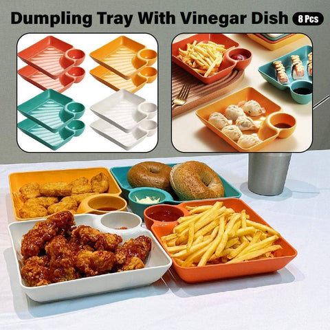 Square Dumpling Plate with Vinegar Dish, Pack of 8 PP Tableware Dinner Plates