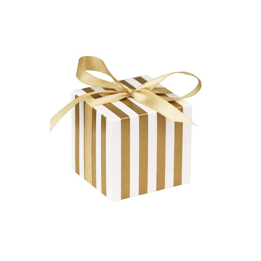 Square Favour Boxes with Ribbon, Pack of 100 - Gold and White Stripe