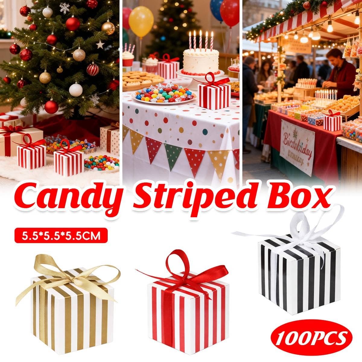 Square Favour Boxes with Ribbon, Pack of 100 - Gold and White Stripe - view 2