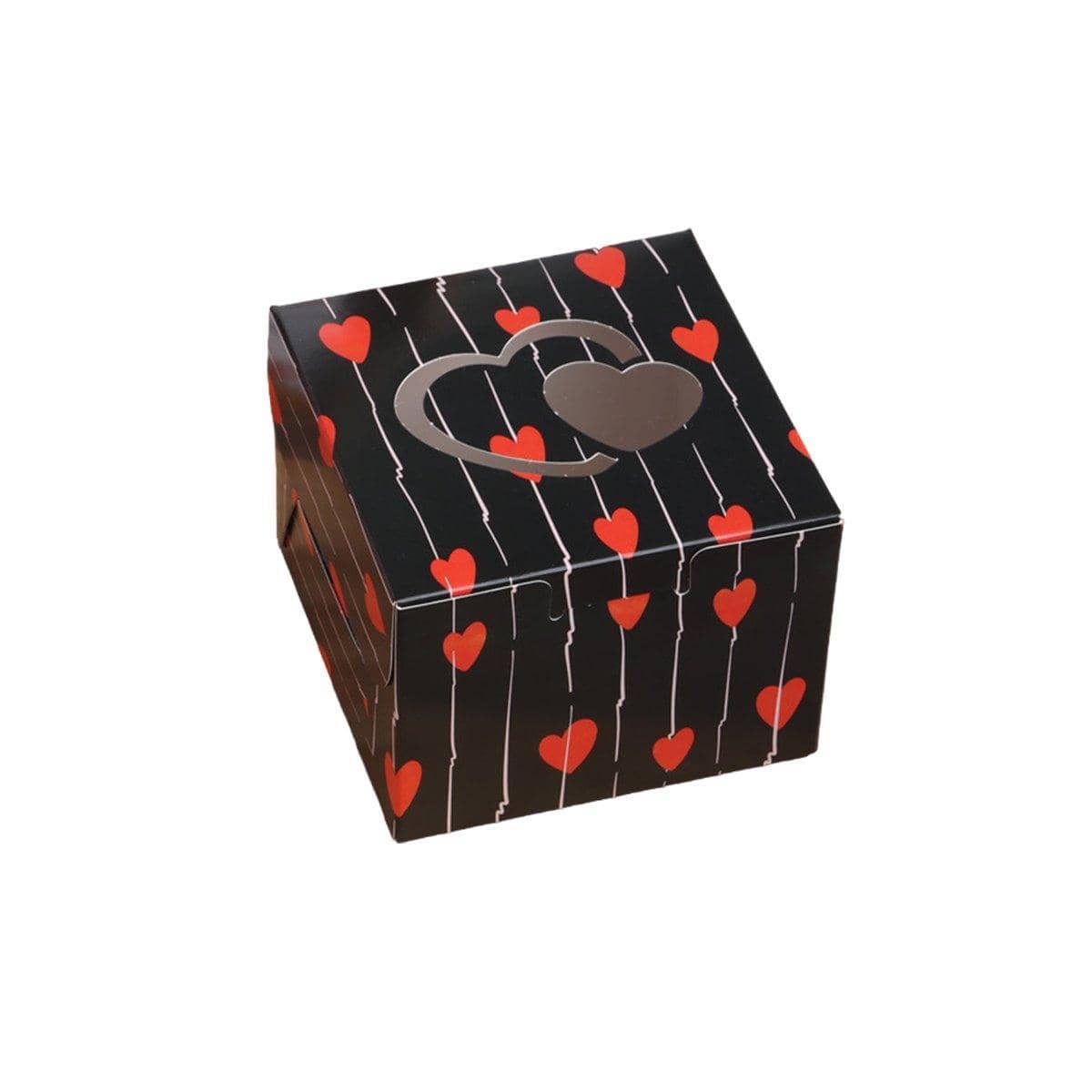 Square Gift Boxes with Heart Cutout, Pack of 25 - Black with Red Hearts
