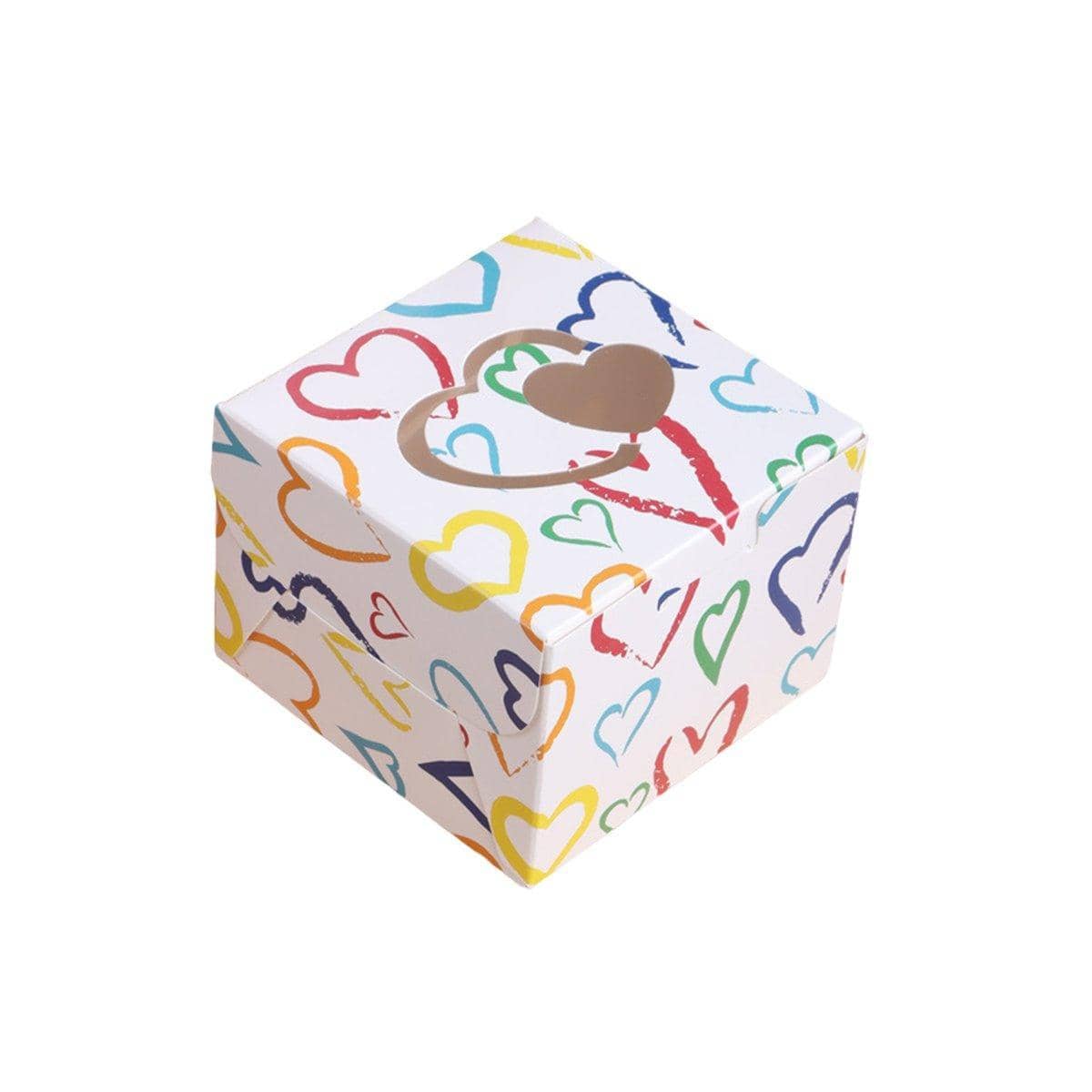 Square Gift Boxes with Heart Cutout, Pack of 25 - White with Multicolour Heart Outlines