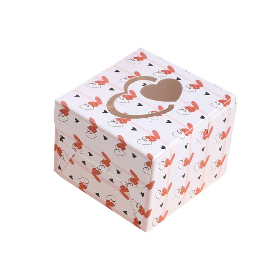 Square Gift Boxes with Heart Cutout, Pack of 25 - White Stripe with Red Hearts