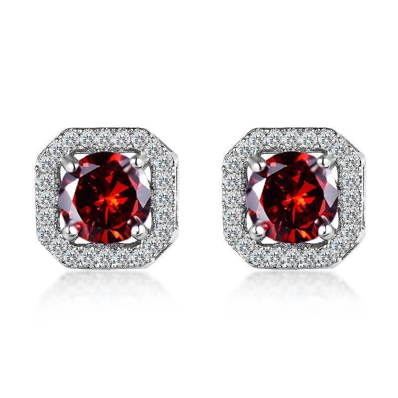 Square Halo Cubic Zirconia Stud Earrings, 1 Pair - Red