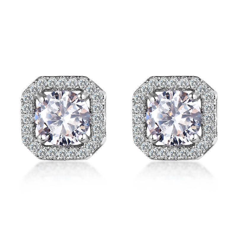 Square Halo Cubic Zirconia Stud Earrings, 1 Pair - White