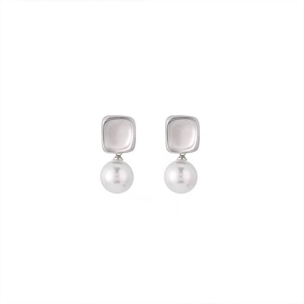 Square Metal Imitation Pearl Drop Earrings for Women - Silver Tone - view 2