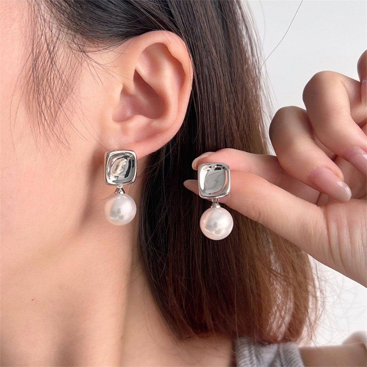 Square Metal Imitation Pearl Drop Earrings for Women - Silver Tone - view 4