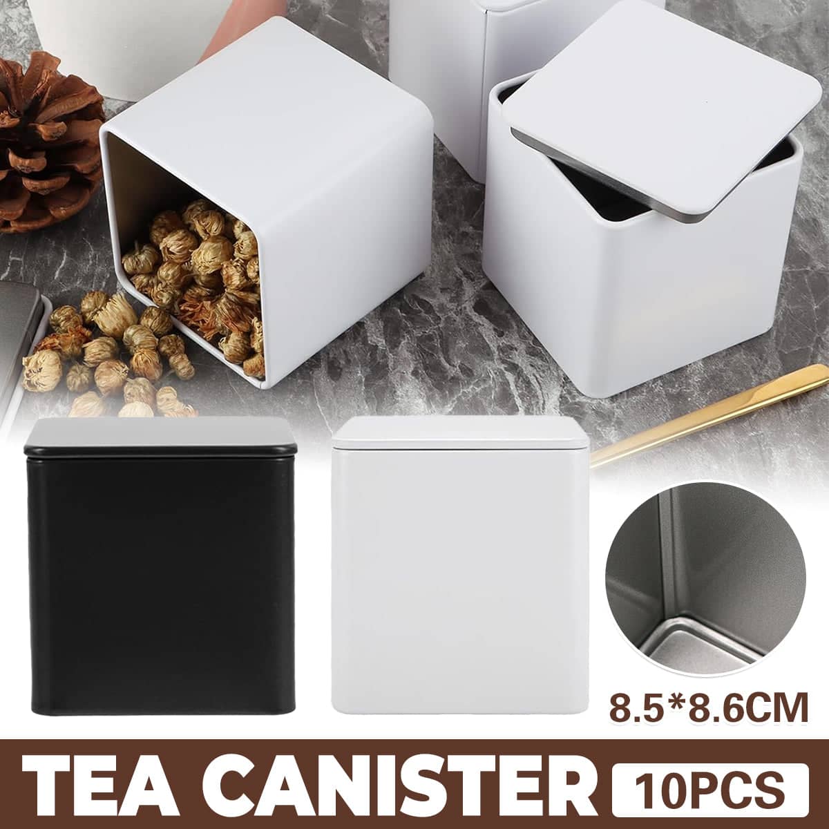 Square Tea and Candy Storage Tins with Lids, Set of 10 - Black - view 2
