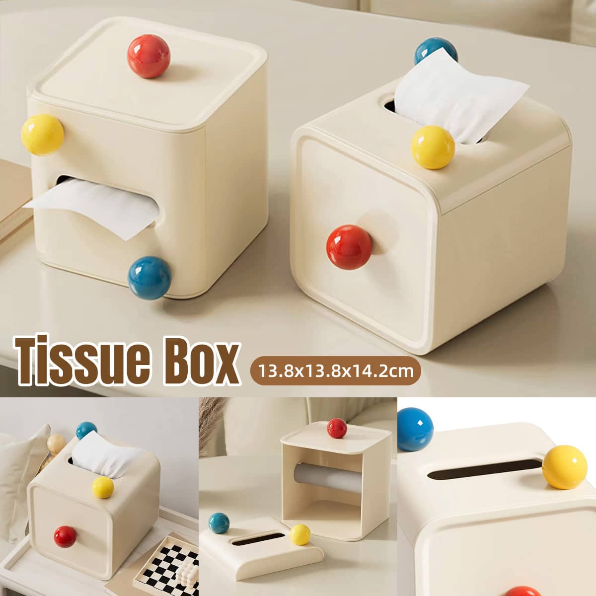 Square Tissue Box with Red, Yellow and Blue Ball Accents