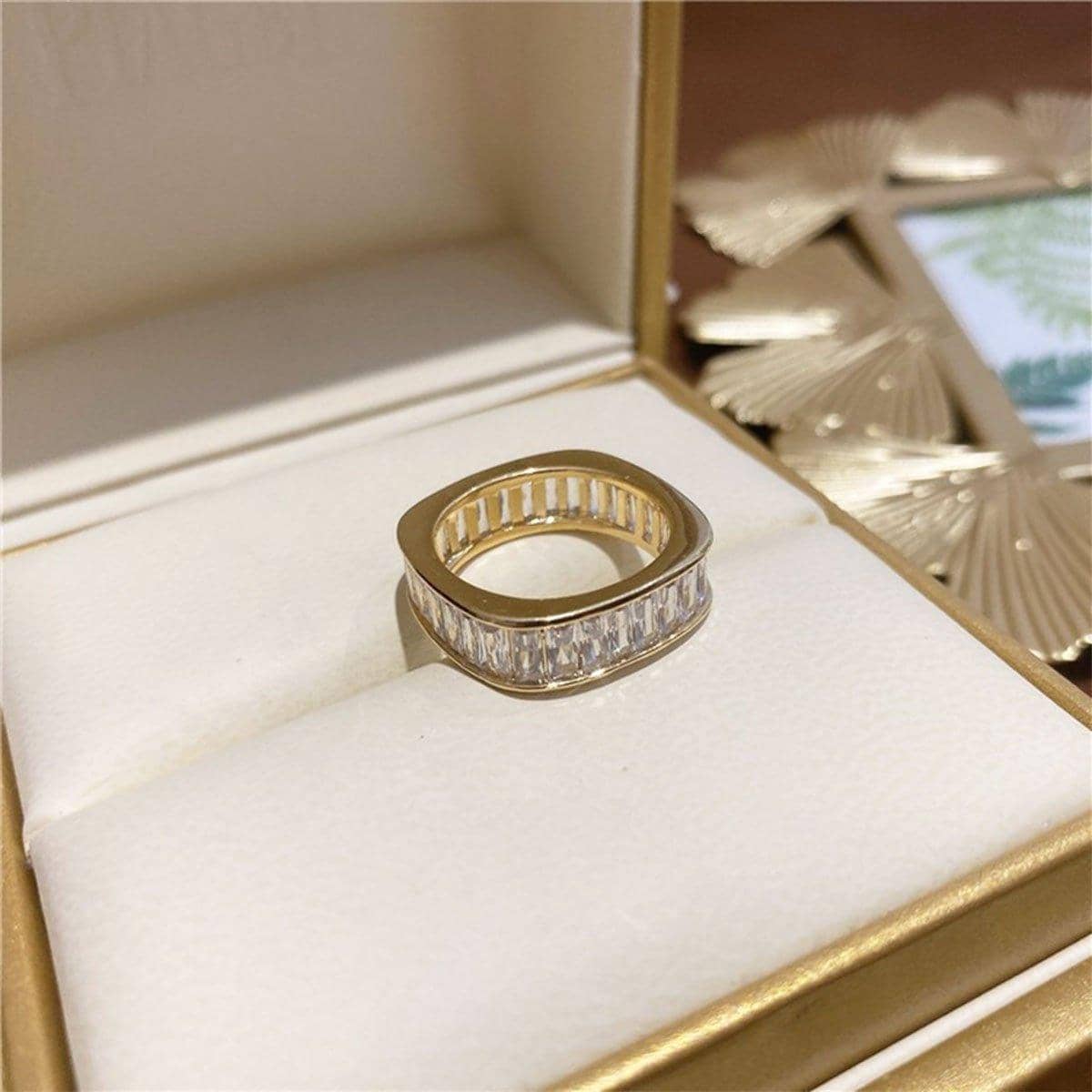 Square Zircon Row Ring for Women, Adjustable Gold Tone Band - view 5