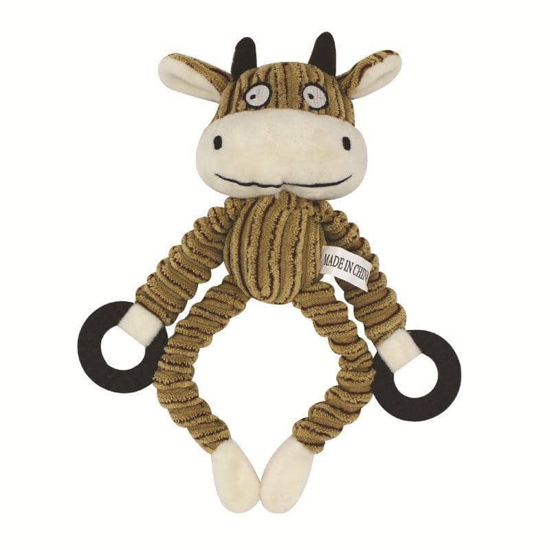 Squeaky Plush Dog Toy with Ring Handles - Tan Cow