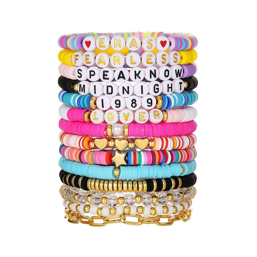 Stackable Beaded Bracelet Set - Letter and Disc Beads, Pack of 14