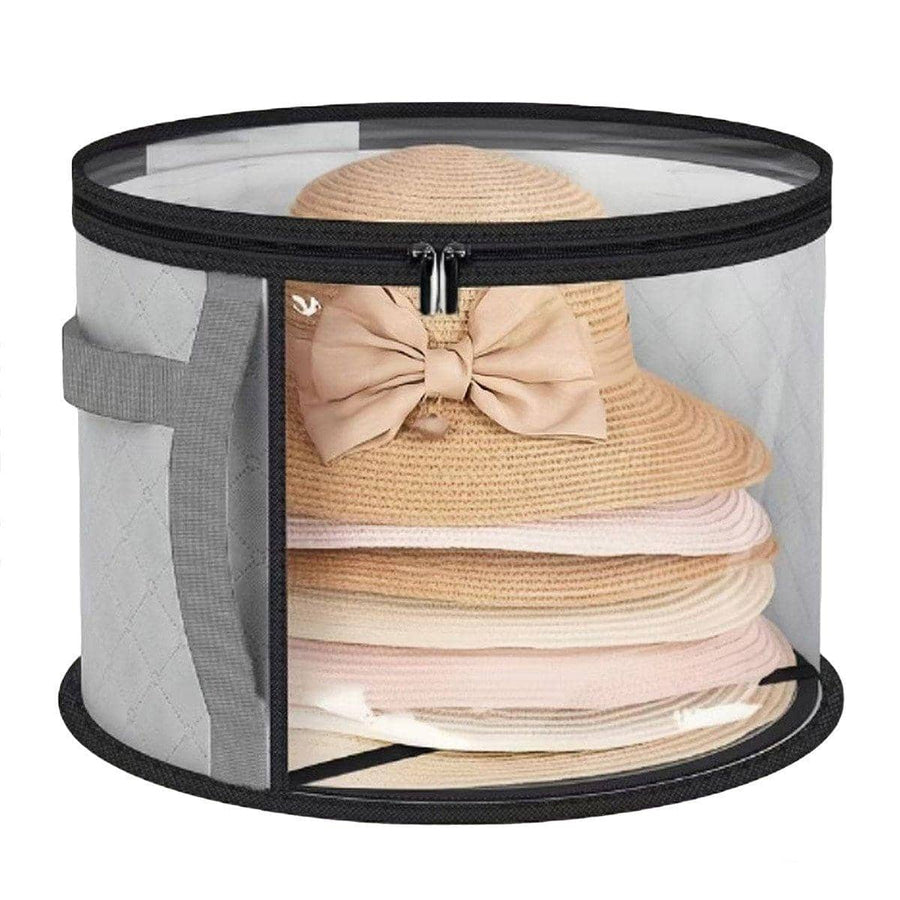 Stackable Round Hat Storage Bag with Clear Window and Handles - Grey