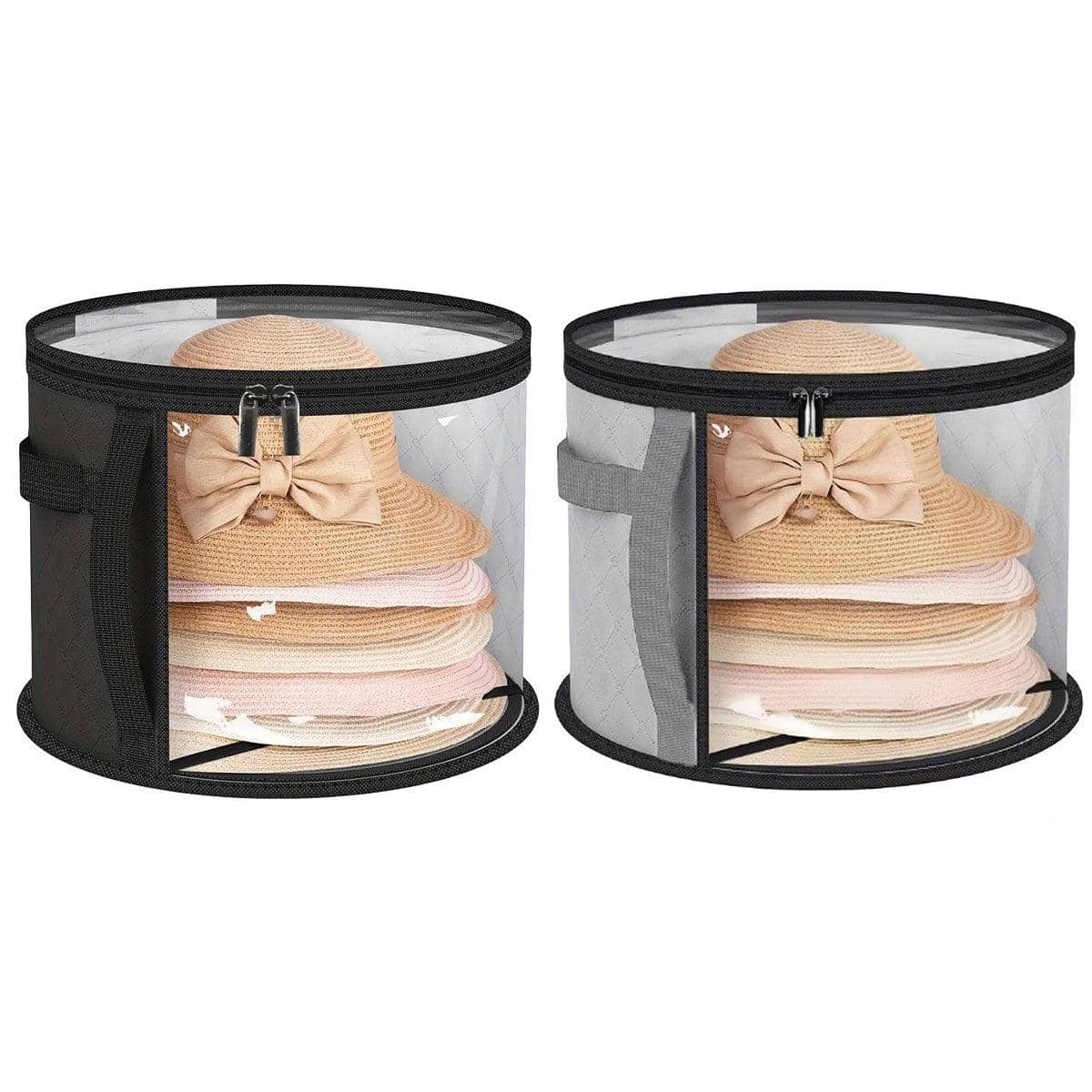 Stackable Round Hat Storage Bag with Clear Window and Handles - Grey - view 3