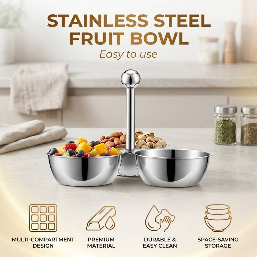 Stainless Steel 3 Bowl Snack Serving Tray with Centre Handle