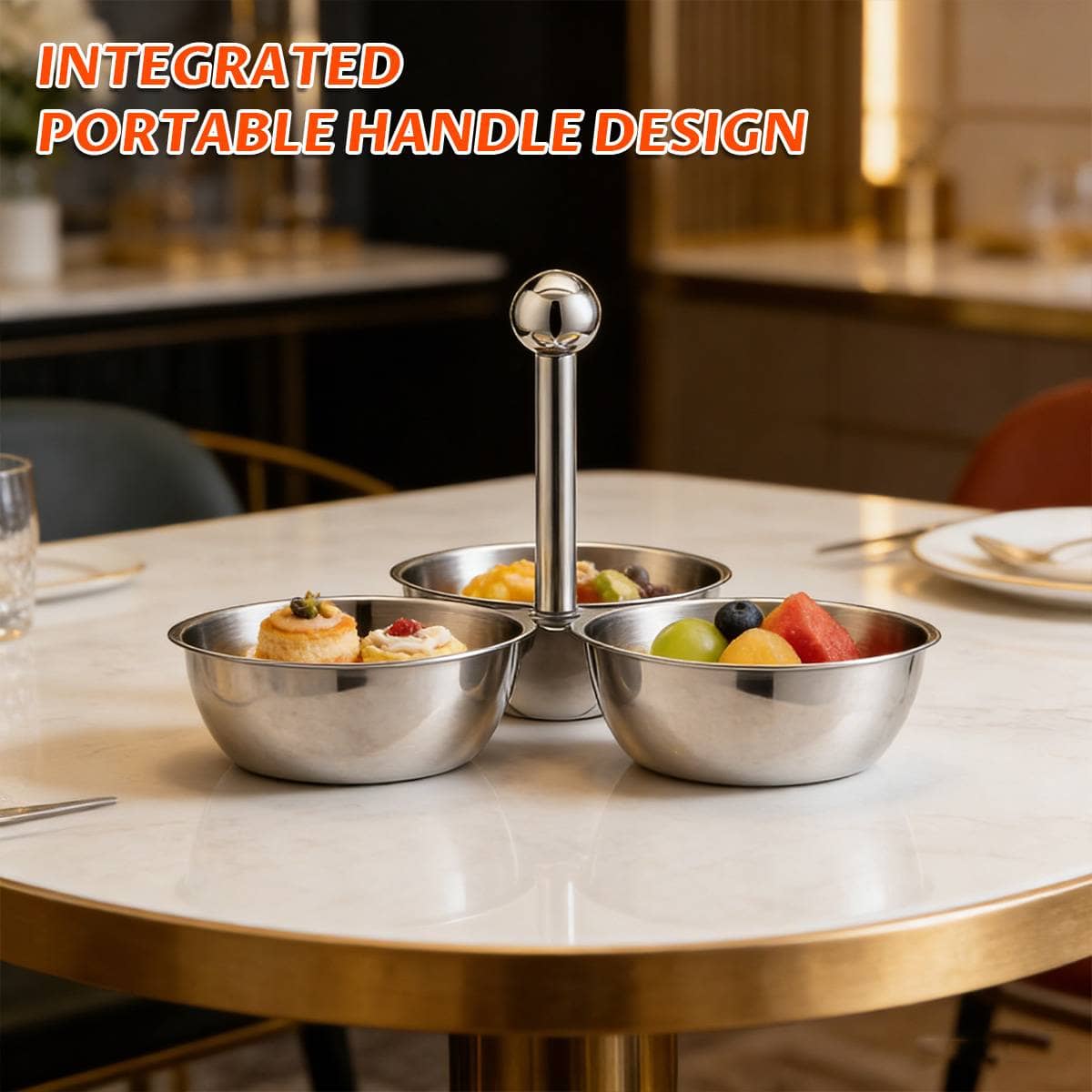 Stainless Steel 3 Bowl Snack Serving Tray with Centre Handle - view 5
