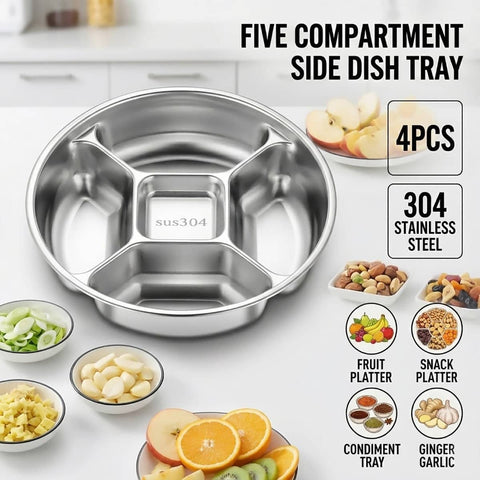 Stainless Steel 5 Compartment Divided Snack Plates, Set of 4