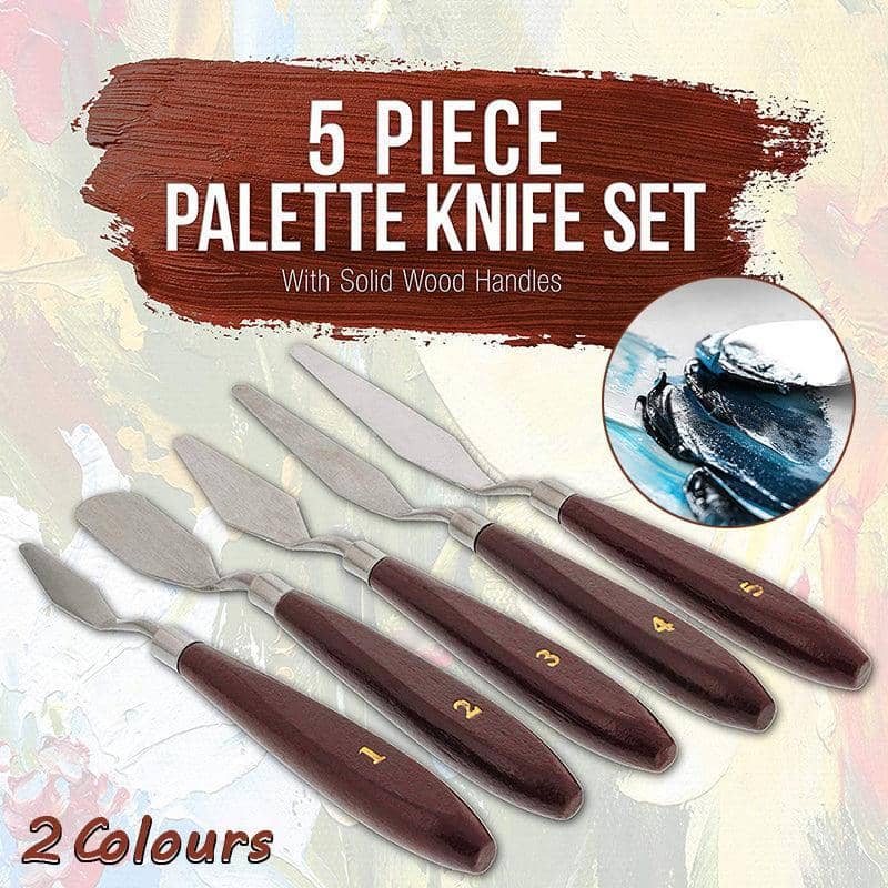 Stainless Steel Artist Palette Knife Set of 5 for Oil and Acrylic Painting - Natural Wood Handle - view 2