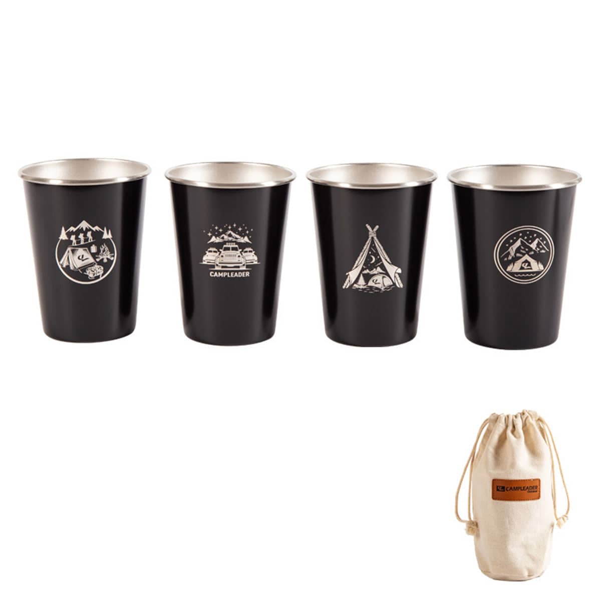 Stainless Steel Camping Cup Set of 4 with Storage Bag - Black