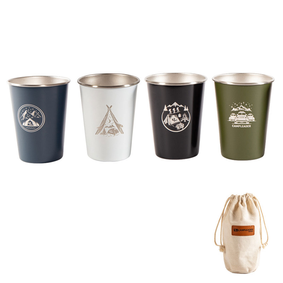 Stainless Steel Camping Cup Set of 4 with Storage Bag - Mixed Colours