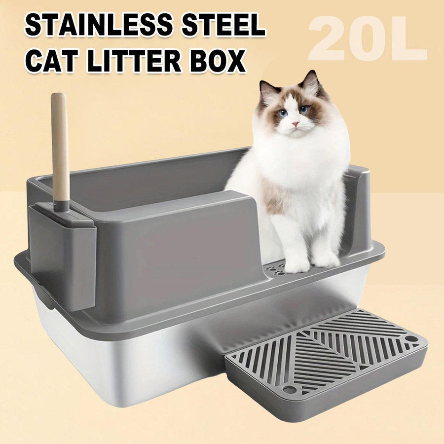Stainless Steel Cat Litter Box - 20L Semi-Enclosed with Anti-Tracking Pedal